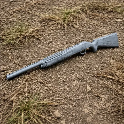 A 3D-printed prop of a Mossberg 835 Ulti-Mag shotgun on a grassy, dirt surface.