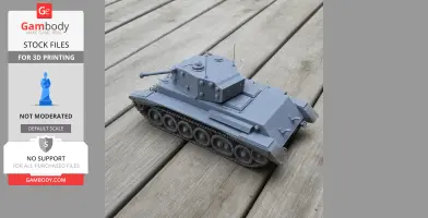 3D printed model of a Cromwell tank on a wooden surface.
