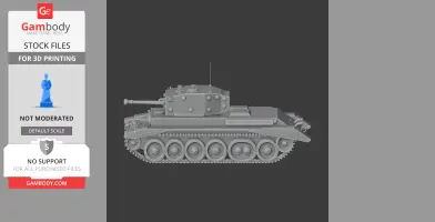 Gray 3D model of a Cromwell tank viewed from the side, designed for 3D printing.