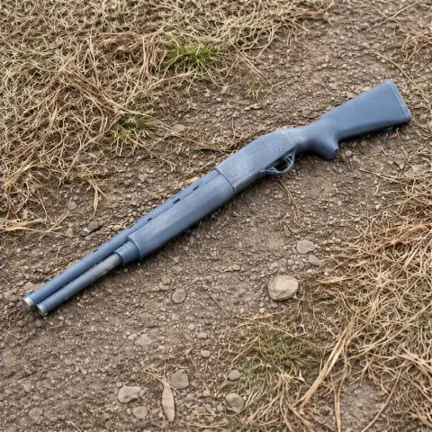 A realistic Mossberg 9200 cosplay prop shotgun lying on dirt with dried grass.