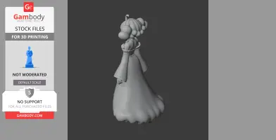 A 3D model of a character with elaborate hair and a flowing gown, designed for 3D printing.