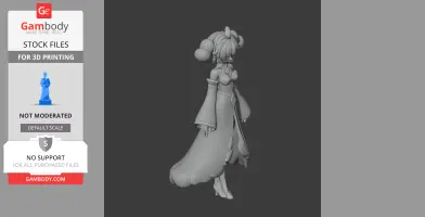 A 3D model of a character in long flowing robes with a detailed hairstyle, poised to the side.