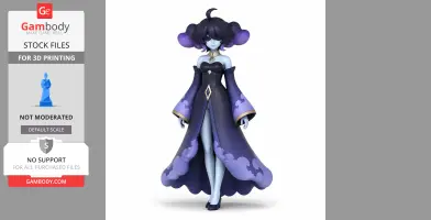 A stylized character figurine with purple hair and a flowing purple gown, designed for 3D printing.
