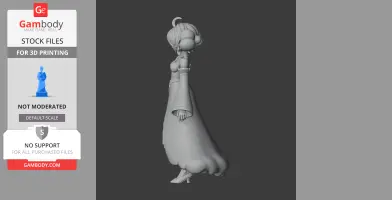 Stylized 3D female character in a flowing dress with puffy sleeves and detailed hair. Side view.