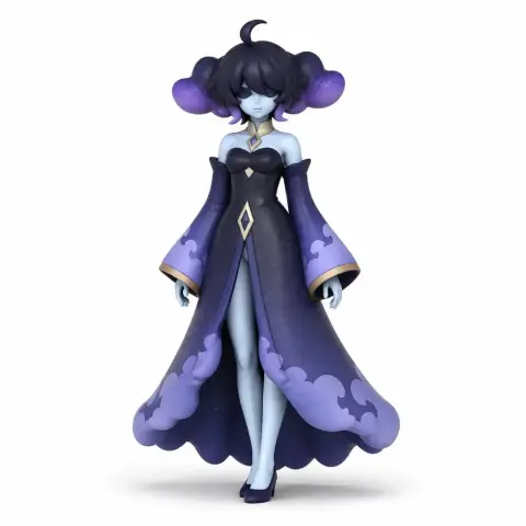 Mystical figure with dark dress and purple accents, featuring cloud-like hair and serene expression.