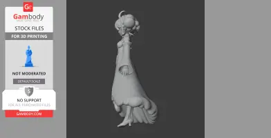 A stylized 3D figurine with detailed clothing and elaborate hairstyle, designed for 3D printing.