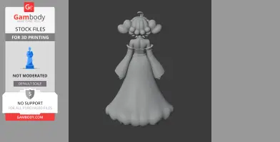 A stylized figure with a large, ornate hairstyle and flowing gown, viewed from the back.