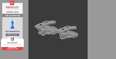 Two detailed Saurosuchus skull models in gray, positioned side by side, designed for 3D printing.