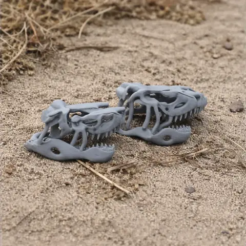 3D-printed Saurosuchus skull replicas in grey, placed on sandy terrain.