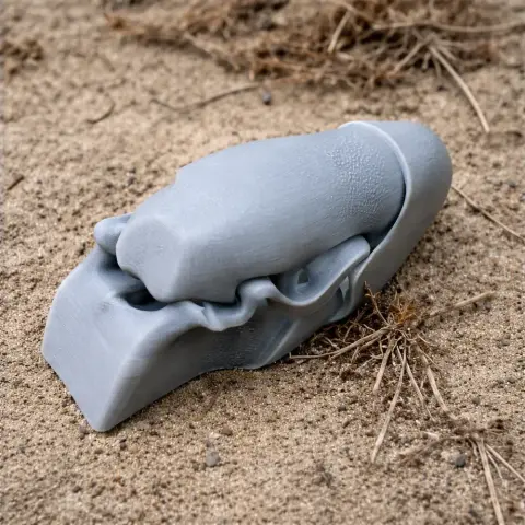 A 3D-printed scarlet macaw skull replica on sandy ground.
