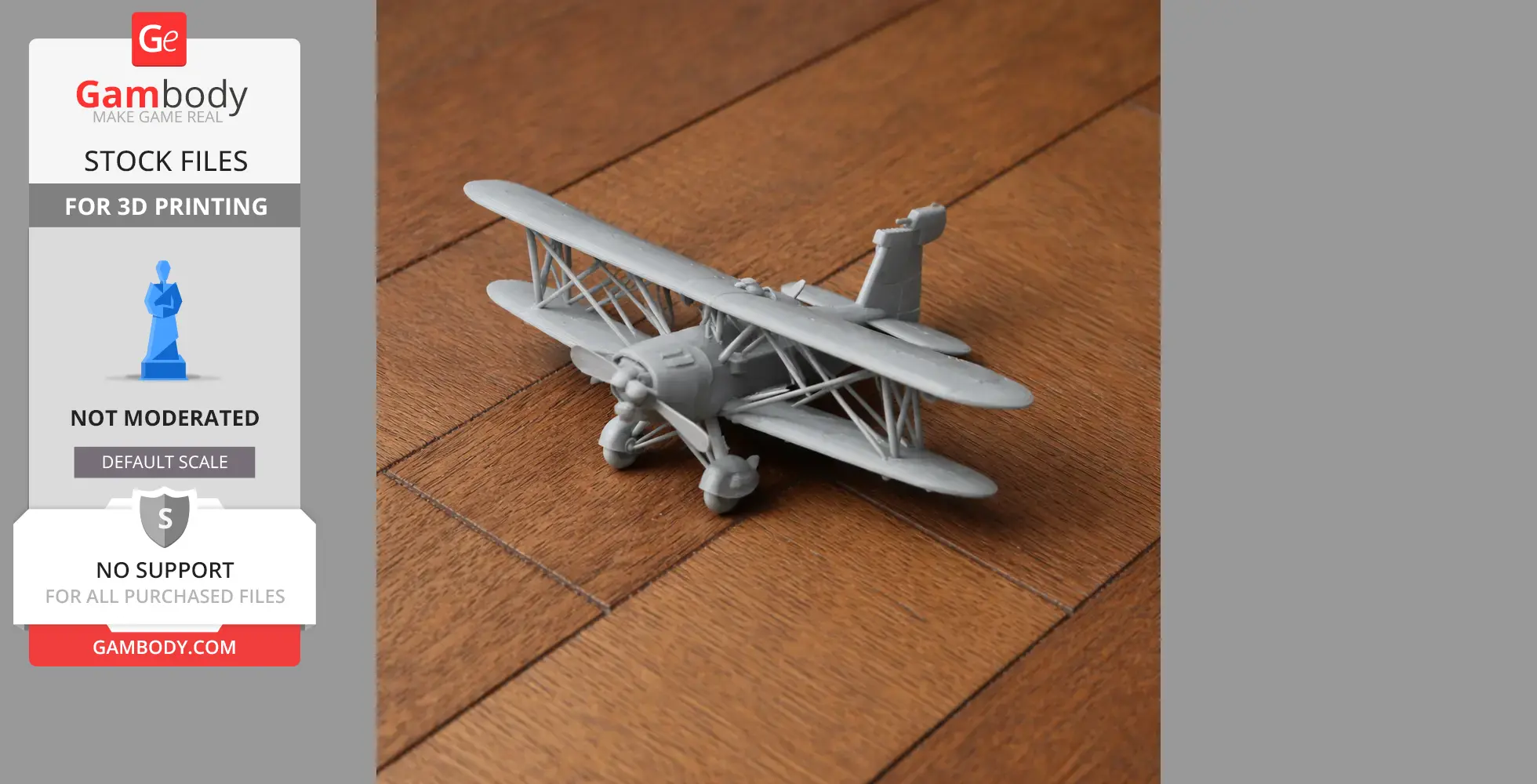 A 3D-printed model of a biplane on a wooden surface.