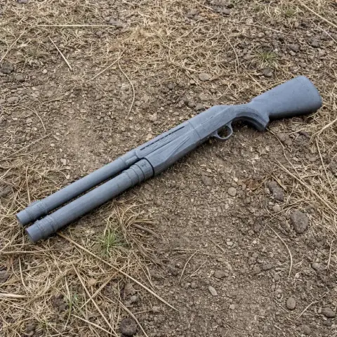 3D-printed prop resembling a shotgun, laying on dry, grassy ground.