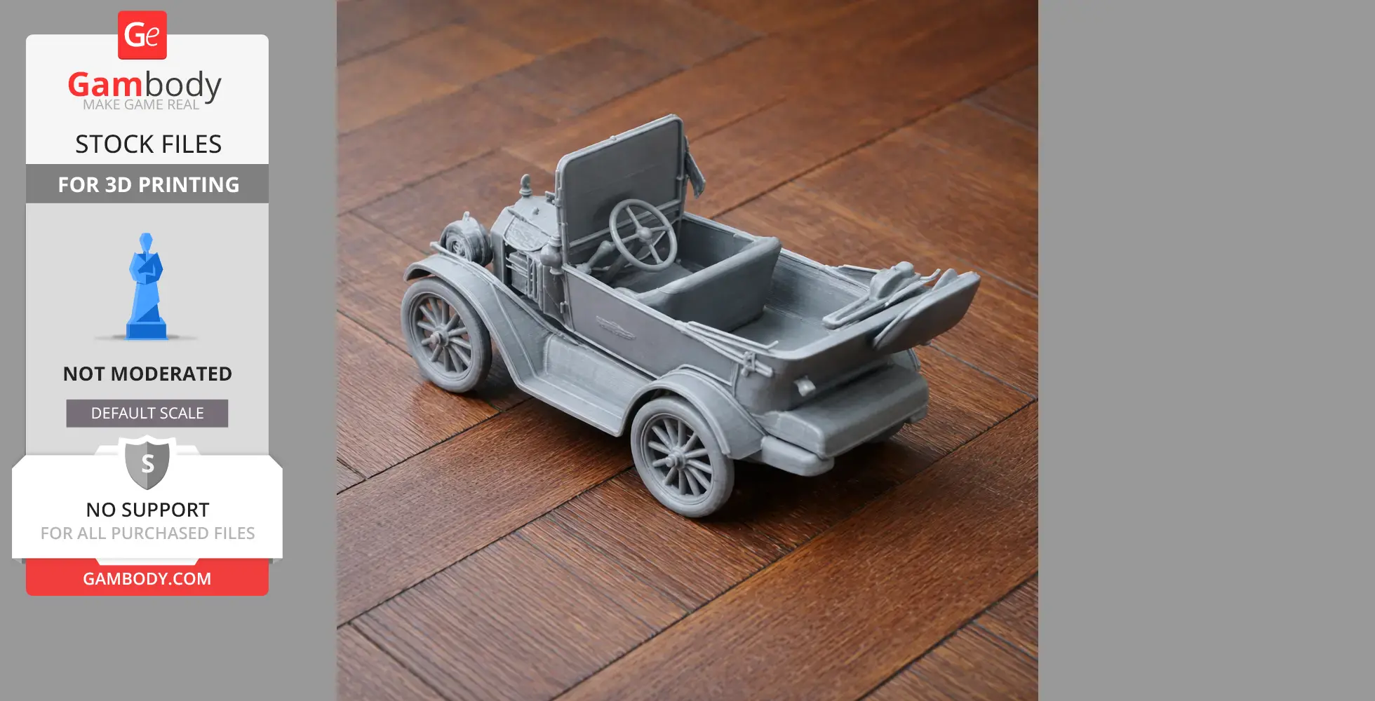 3D printed gray model of an antique car on a wooden surface.
