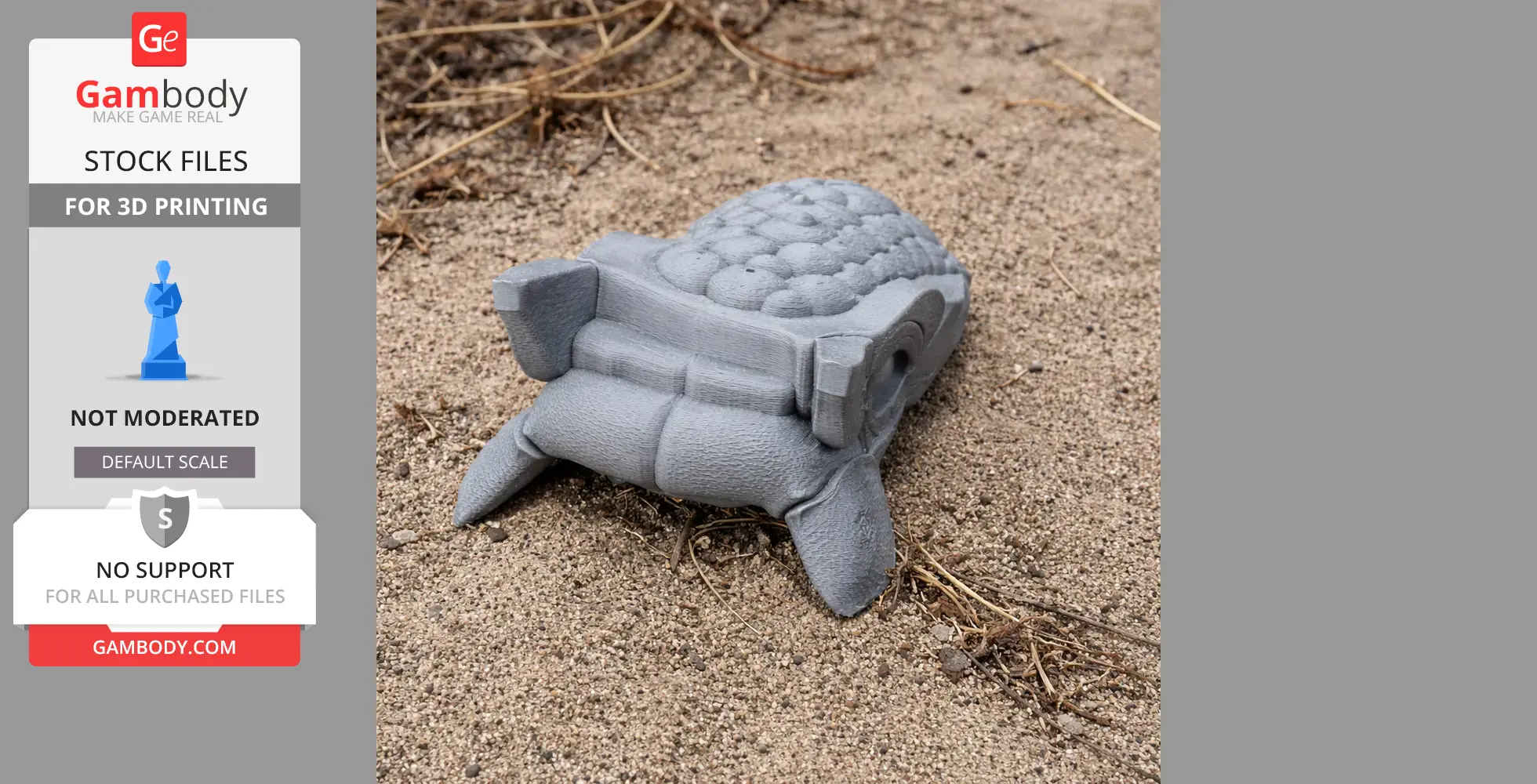 A 3D-printed Scutellosaurus skull model with textured surface, lying on sandy ground.