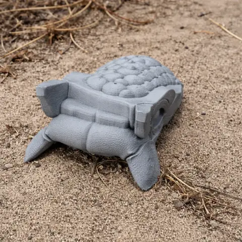 A gray, textured 3D-printed object resembling a turtle shell, placed on a sandy surface.