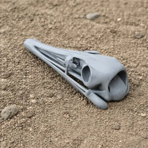 Detailed 3D-printed Serikornis skull replica resting on a textured, sandy surface.