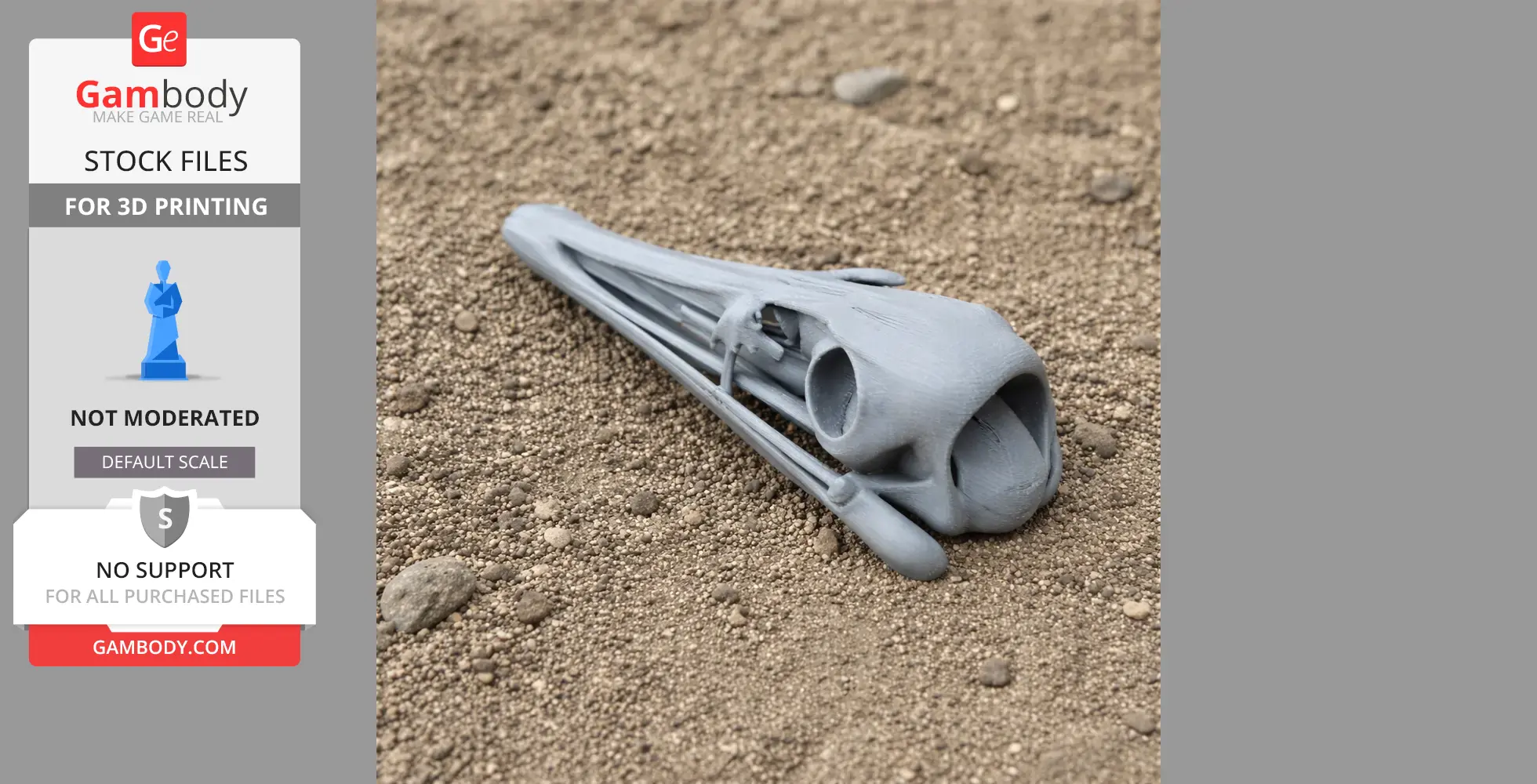 3D printed Serikornis skull replica resting on textured ground.