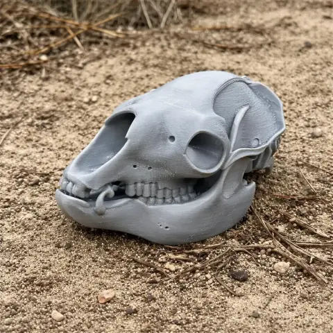 3D-printed Serow skull replica on sandy ground, detailed and lifelike design.