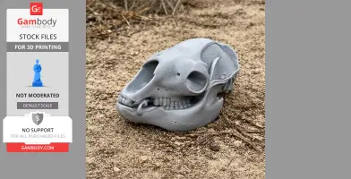 3D printed gray serow skull replica resting on sandy ground.