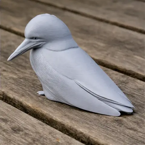3D printed model of a bird with detailed feathers, perched on a wooden surface.