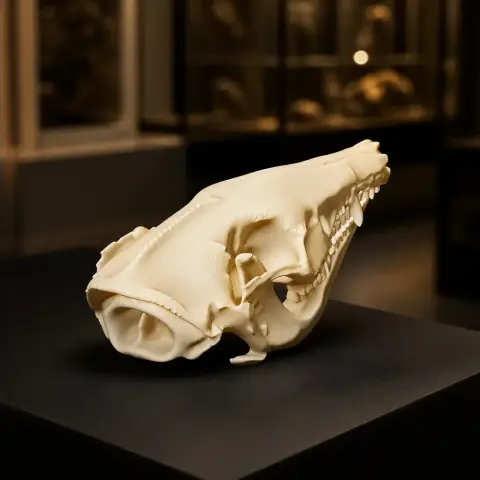 3D-printed short-nosed bandicoot skull in a museum-like setting.