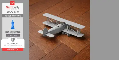 Gray 3D-printed model of Avia BH-21 biplane on a wooden floor.