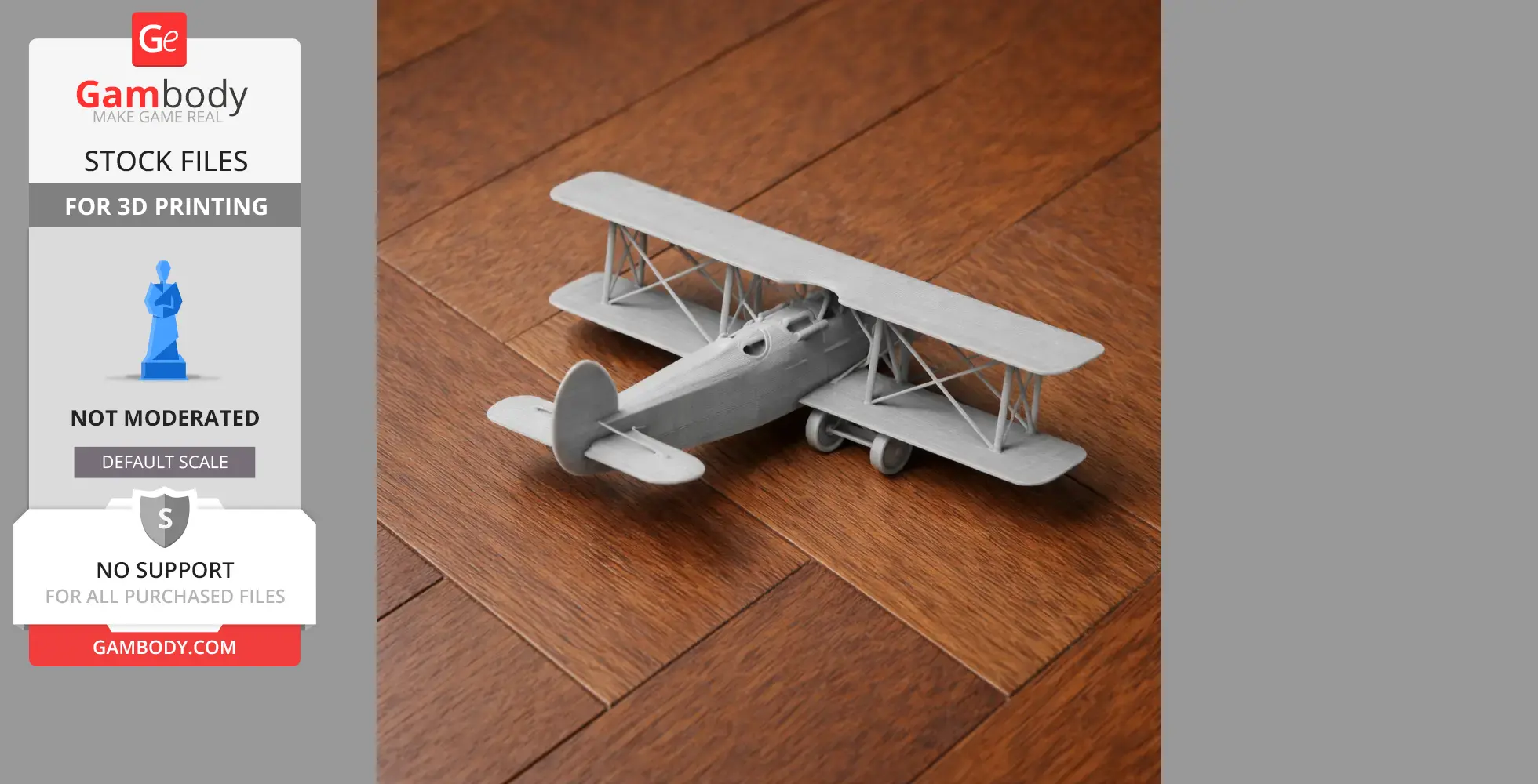Gray 3D-printed model of Avia BH-21 biplane on a wooden floor.
