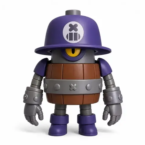 Robot character with a purple hat, brown barrel body, and mechanical arms from Brawl Stars.