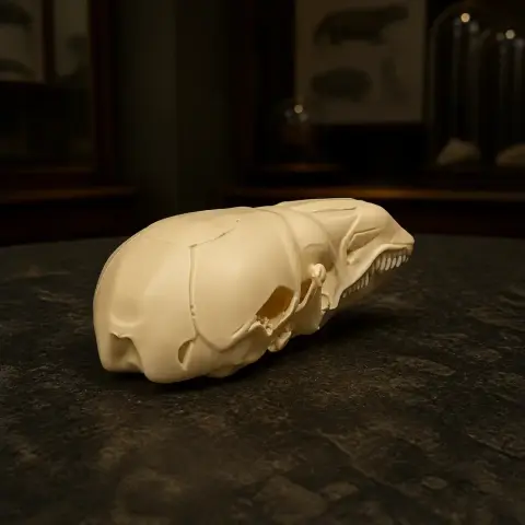 3D-printed shrew mole skull replica on a dark surface in a dimly lit room.