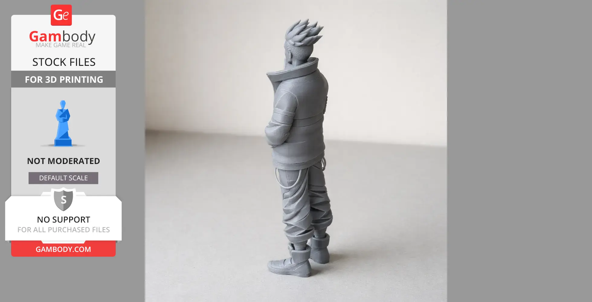 3D printed figure of a character with spiky hair, wearing a high-collared jacket and pants, standing with arms crossed.