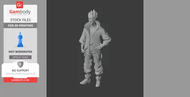 A 3D model of a stylized character with spiky hair and futuristic clothing in a relaxed pose.