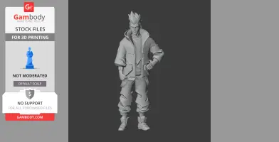 3D model of a character with spiky hair in a futuristic outfit, hands on hips, ready for 3D printing.
