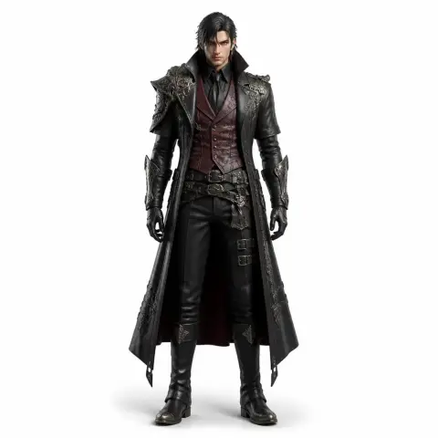 Detailed figure of a man in a long, ornate coat with layered armor, styled from Lost Ark for 3D printing.