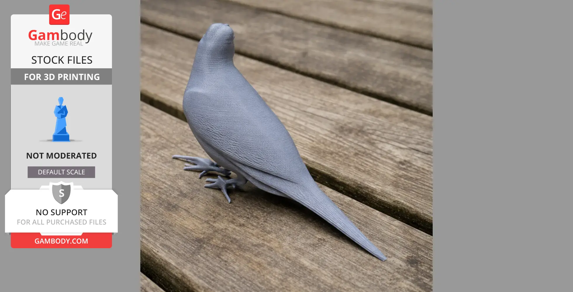 A 3D-printed bird model with detailed feathers, placed on a wooden surface.