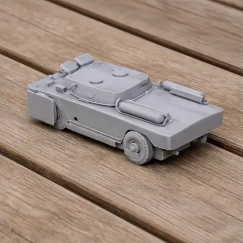 Gray 3D-printed model of a D-442 FUG tank on a wooden surface.
