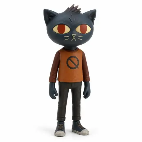 Anthropomorphic cat figurine with red eyes, wearing an orange shirt with a circle-cross symbol.