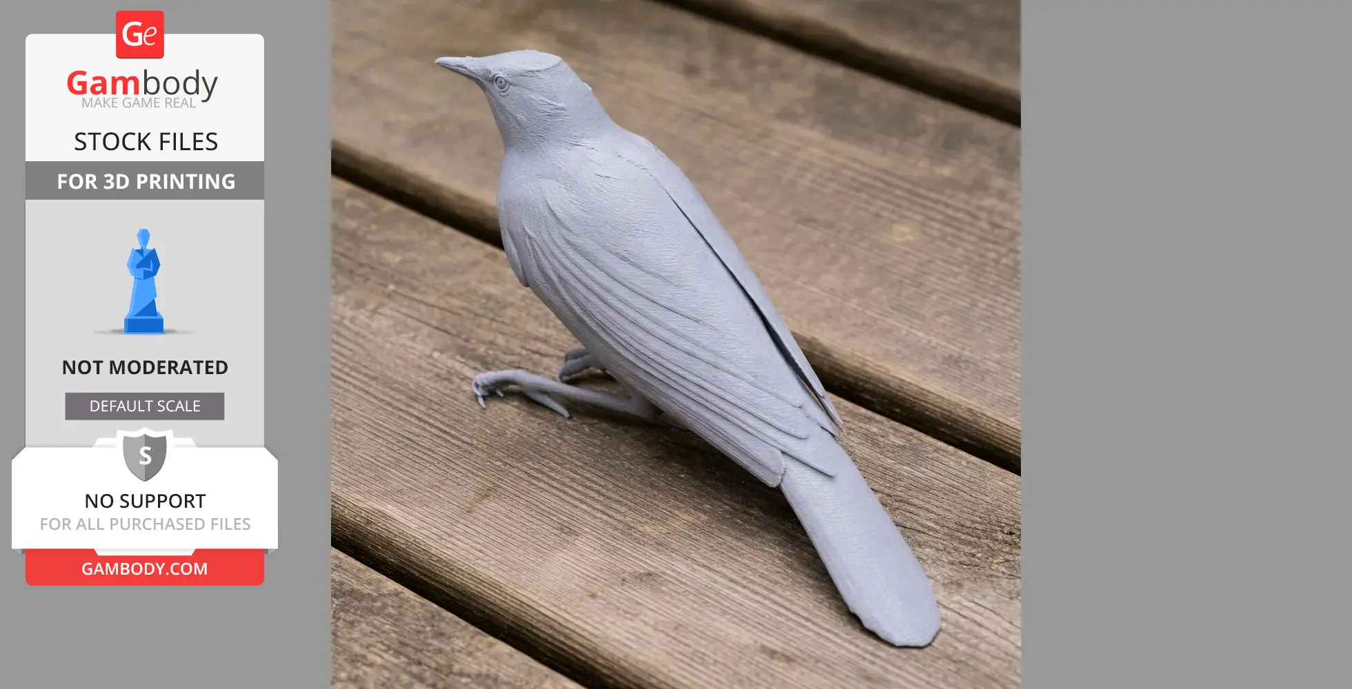 A detailed 3D printed model of a bird, resembling a starling, placed on a wooden surface.