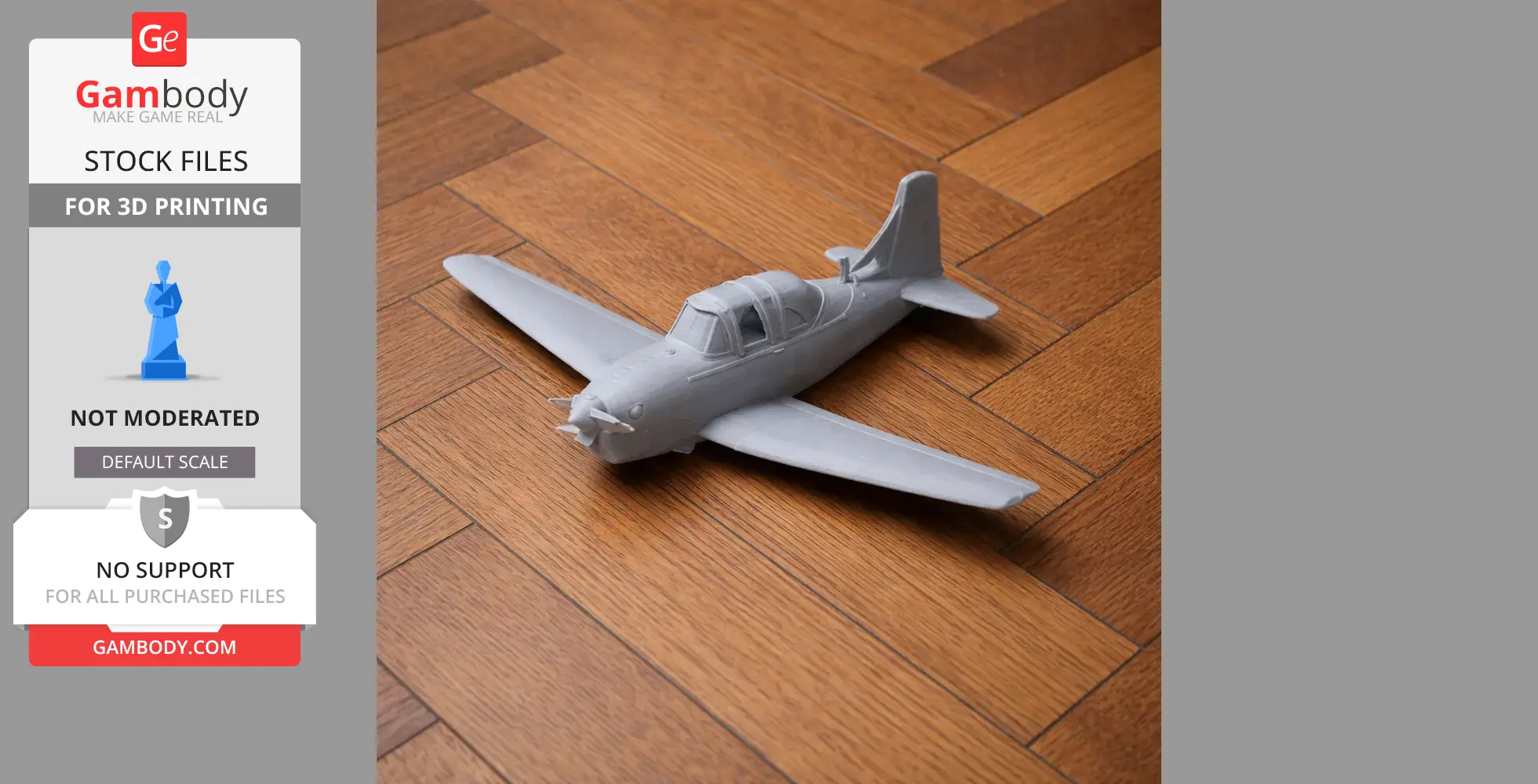 Gray 3D-printed model of a Beechcraft T-34 Mentor aircraft on a wooden floor.