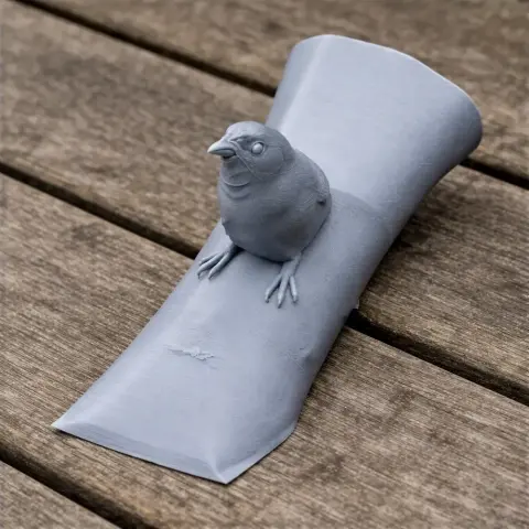 3D-printed prehistoric sparrow perched on a curved base, placed on wooden surface.