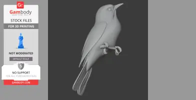 3D model of a perched bird with detailed feathers, designed for 3D printing.