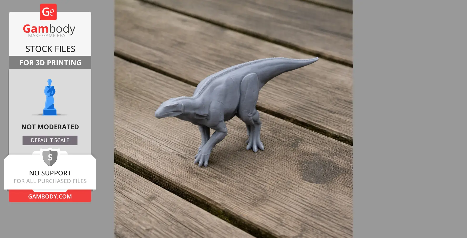 Gray 3D-printed Bactrosaurus model on wooden surface.