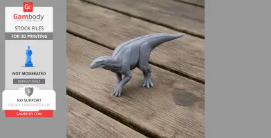 Gray 3D-printed Bactrosaurus model on wooden surface.