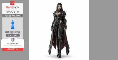 A detailed 3D figurine of a warrior in black armor with spikes and a long cloak, designed for 3D printing.