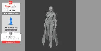 A detailed 3D model of a female warrior with armor featuring spikes and a long cape.