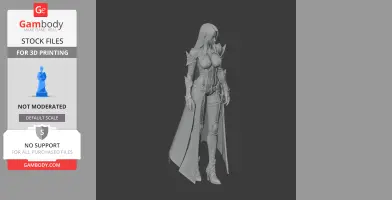 Armored female warrior figurine with long hair and detailed clothing, ready for 3D printing.