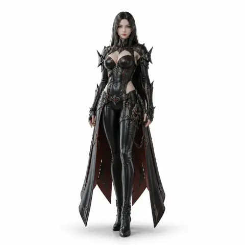 A detailed figurine of a female warrior in ornate, spiked black armor and long, flowing coat.