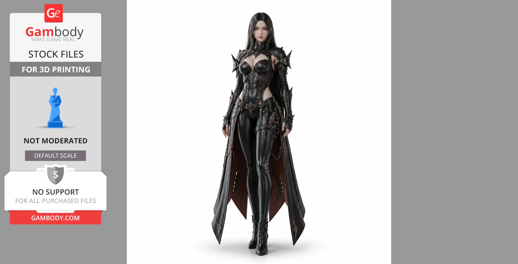 A detailed 3D figurine of a warrior in black armor with spikes and a long cloak, designed for 3D printing.
