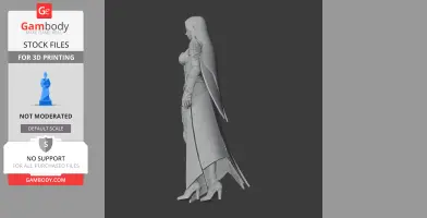 Detailed 3D model of a female character in armor with a long cape and high heels, viewed from the side.