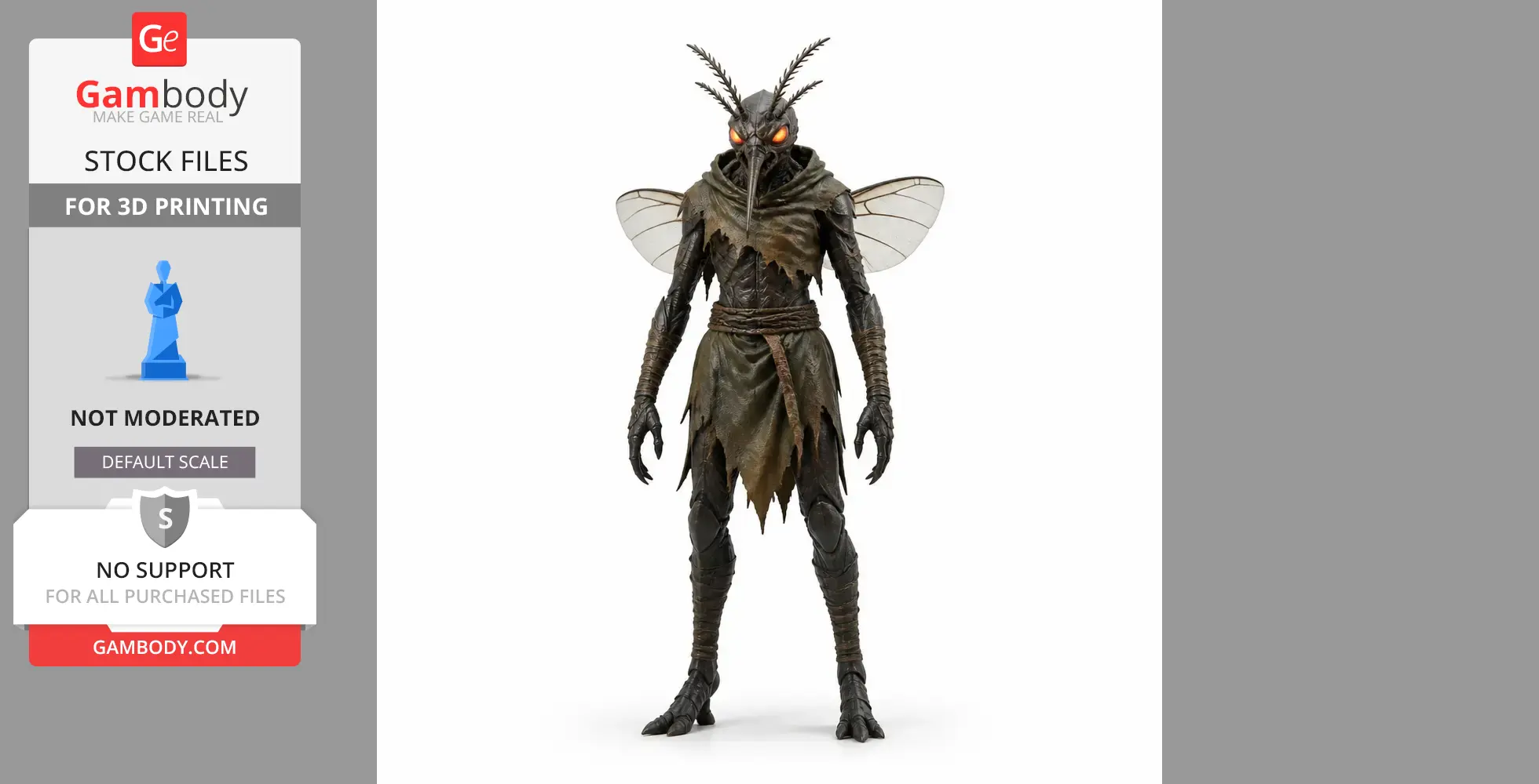 A humanoid insect character with wings, orange eyes, and antler-like antennae, designed for 3D printing.
