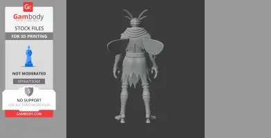 A 3D model of a humanoid insect character with wings and antennae, viewed from the back.
